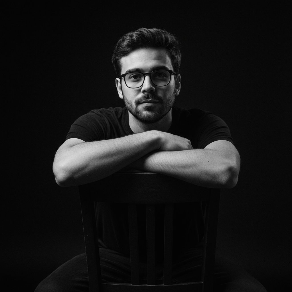 Cinematic black and white studio portrait