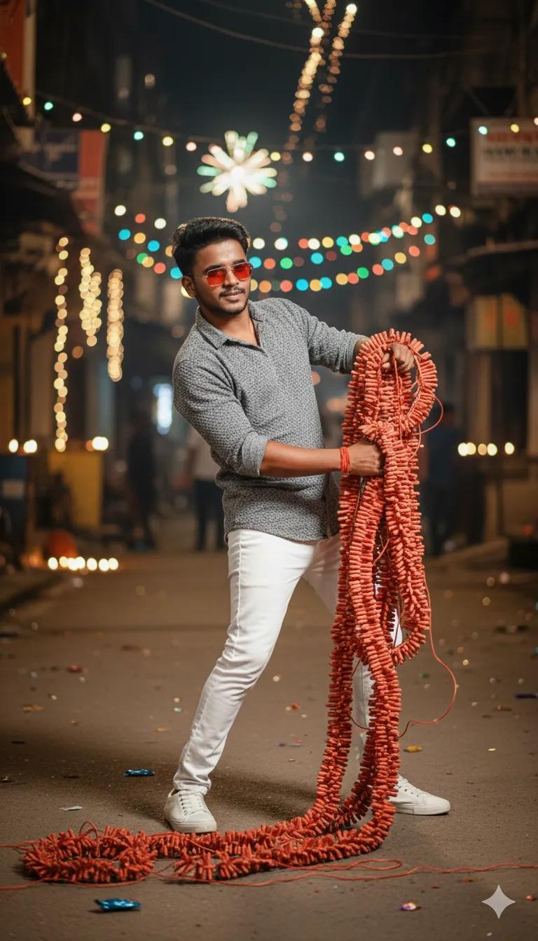 Man holding crackers in diwali 